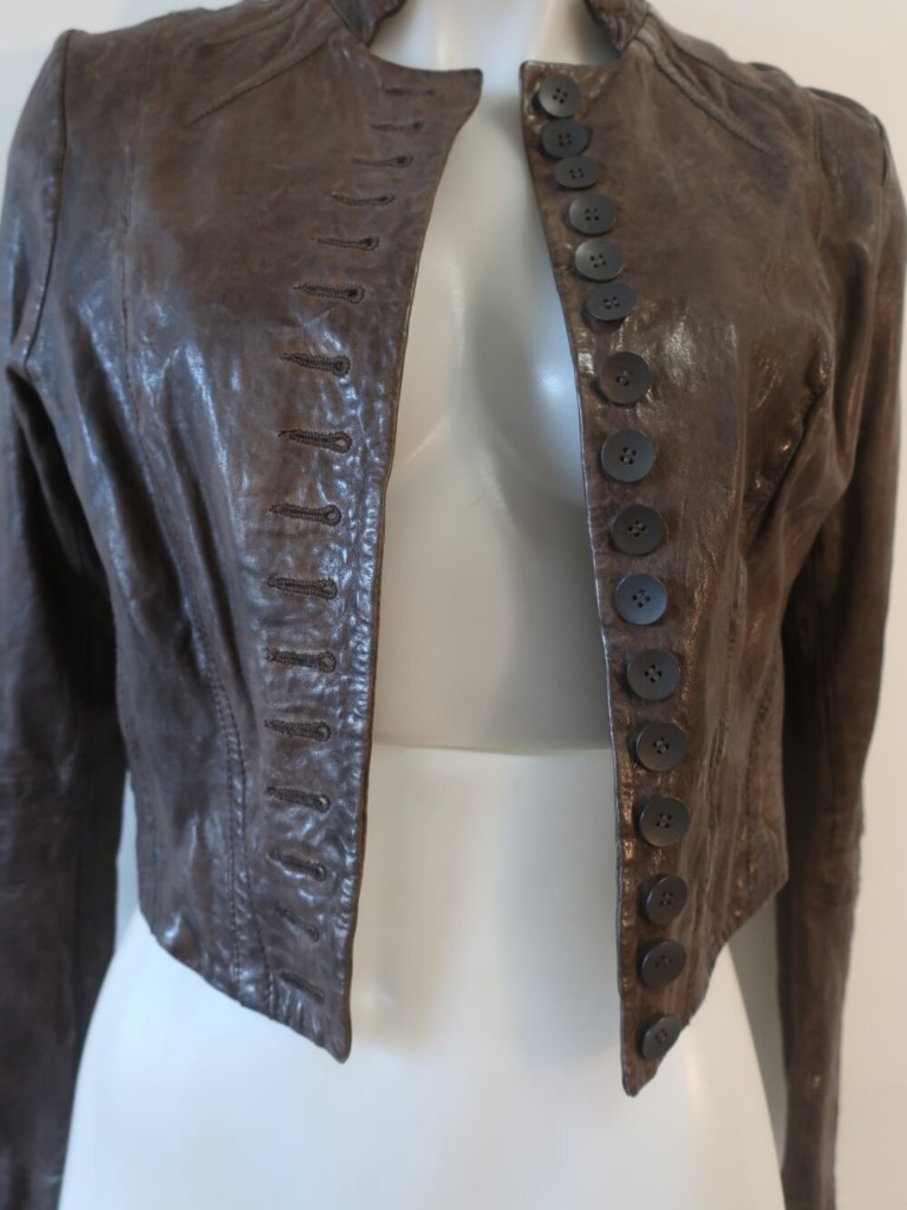 Womens All Saints Brown (Item- 314) Cropped Bomber Leather Lelex Moto Jacket 12 - Picture 6 of 15